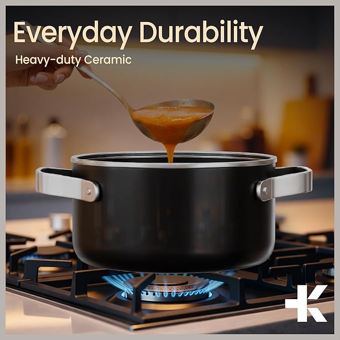 Bakken 3 Quart Ceramic Coated Stock Pot with Lid, Easy to Clean Nonstick Pot, Tempered Glass Lid, Riveted Stainless Steel Handles, Oven Safe Up To 500°F, PTFE & PFAS Free, All Stove Compatible, Black