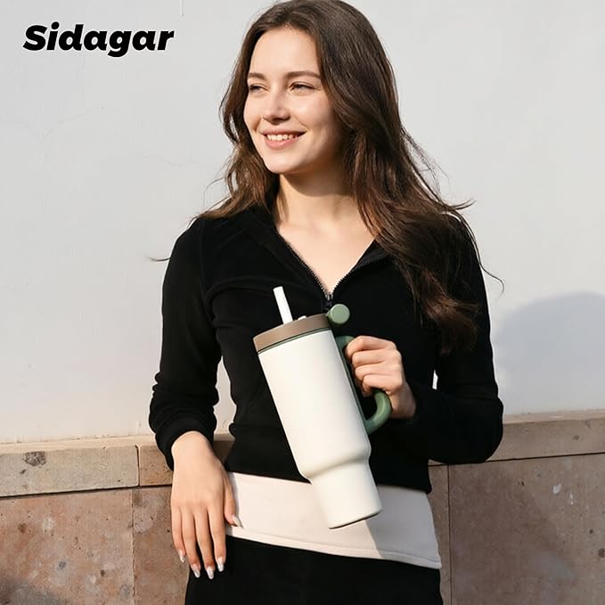 Tumbler with Handle,36 oz Ceramic Lined Travel Mug Water Bottle with Straw,Vacuum Insulated Stainless Steel Cup with Lid,Fits Cup Holder, Leak Resistant Press-in Lid,White