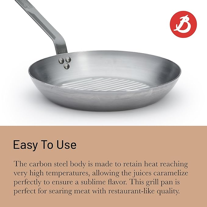 de Buyer MINERAL B Carbon Steel Grill Pan - 12.5” Diameter - Ideal for Grilling & Browning Meat - Naturally Non-Stick Finish - Made in France