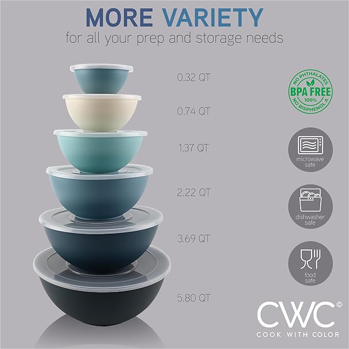 COOK WITH COLOR Mixing Bowls with Lids - 12 Piece Plastic Nesting Bowls Set includes 6 Prep Bowls and 6 Lids, Microwave Safe Mixing Bowl Set, Blue Ombre