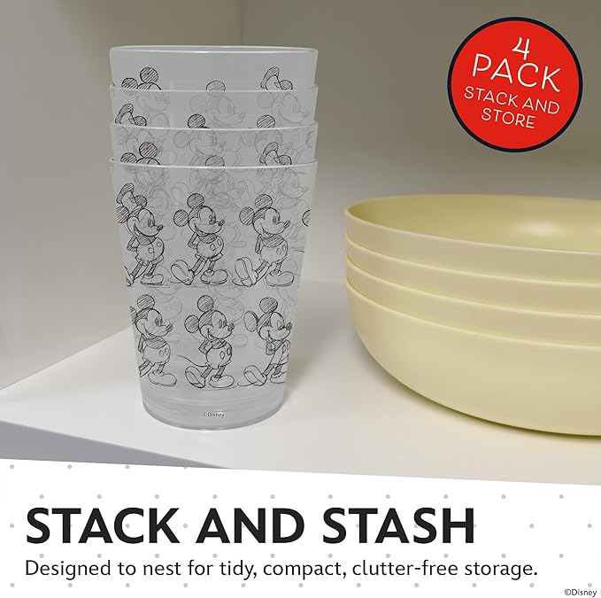 Disney Reusable Plastic Cups – 4 Pack 16 oz Plastic Drinking Glasses with Mickey, Stitch, Pooh, or Disney100 Designs – BPA-Free, Stackable, Top Rack Dishwasher Safe Tumblers for Water, Juice & More