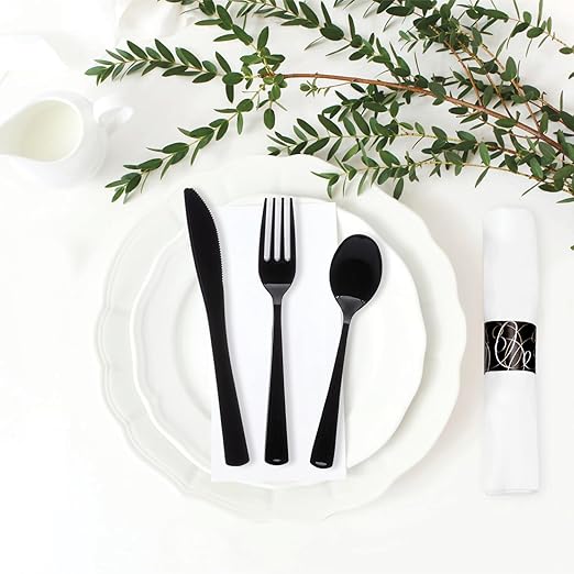 Party Essentials Pre-Rolled Disposable Extra Heavy Duty Plastic Cutlery Kit with Black Fork/Knife/Spoon and 3-Ply White Napkin (Case of 100 rolls)