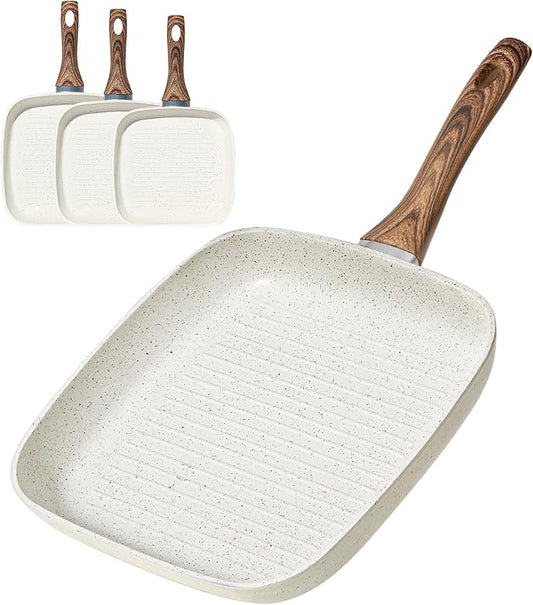 OLIXIS Nonstick Frying Pan Skillet Set, 3 Piece Square Grill Pans for Indoor Outdoor RV Camping Cooking, PFOA Free Skillet Set with Stay Cool Handle, Compatible with All Stovetops (9.5" 10" 11") White