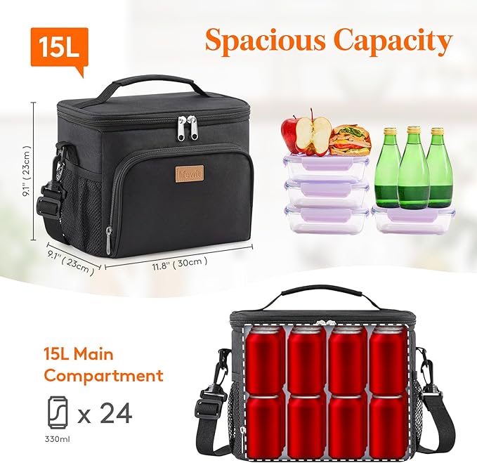 Lifewit Reusable Insulated Lunch Bag, Portable Cooler Freezable Soft Lunchbox Leakproof with Adjustable Shoulder Strap for Men Women Adult for Work Picnic or Travel, 15L 24 Can, Black