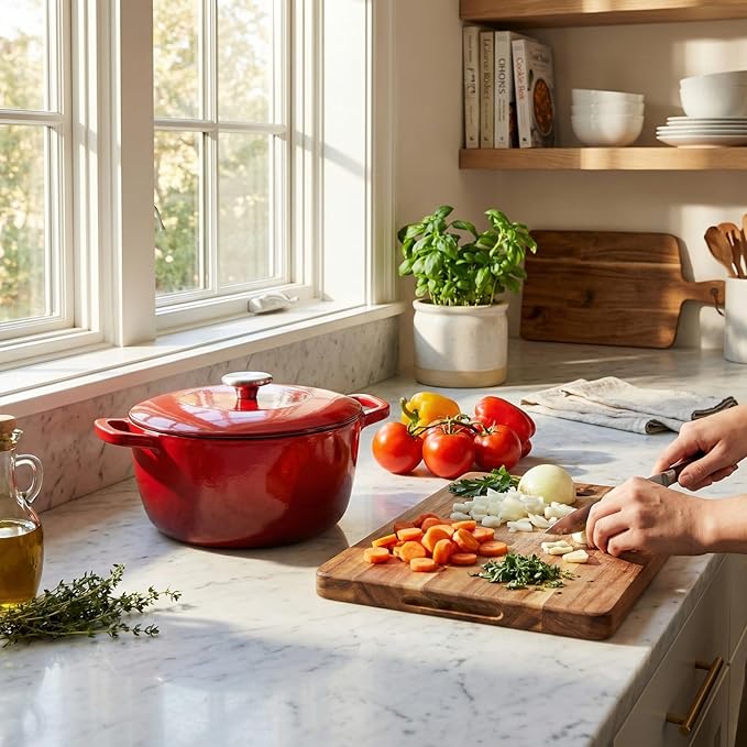 7QT Enamel Cast Iron Dutch Oven with Lid,Dual Handles,Versatile Heavy-Duty Non-toxic Cookware for Sourdough Bread Baking,Braising,Stews,Roasting,Oven Safe up to 500°F red