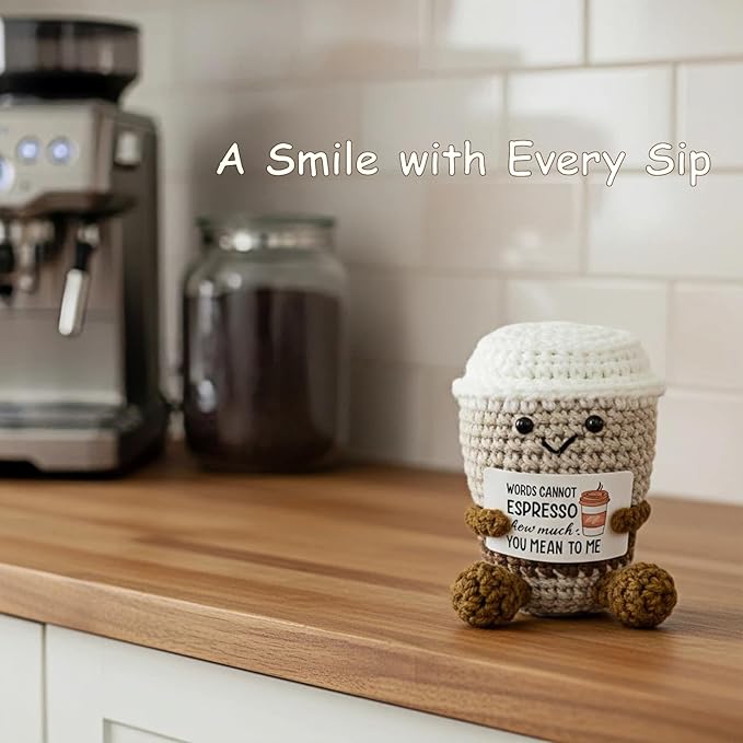 Coffee Lovers Cute Birthday Gifts for Women Men Positive Crochet Espresso Coffee Cup Desk Decor–Funny Emotional Gift for Best Friends Girlfriend Wife Husband Coworkers Thank You Valentins