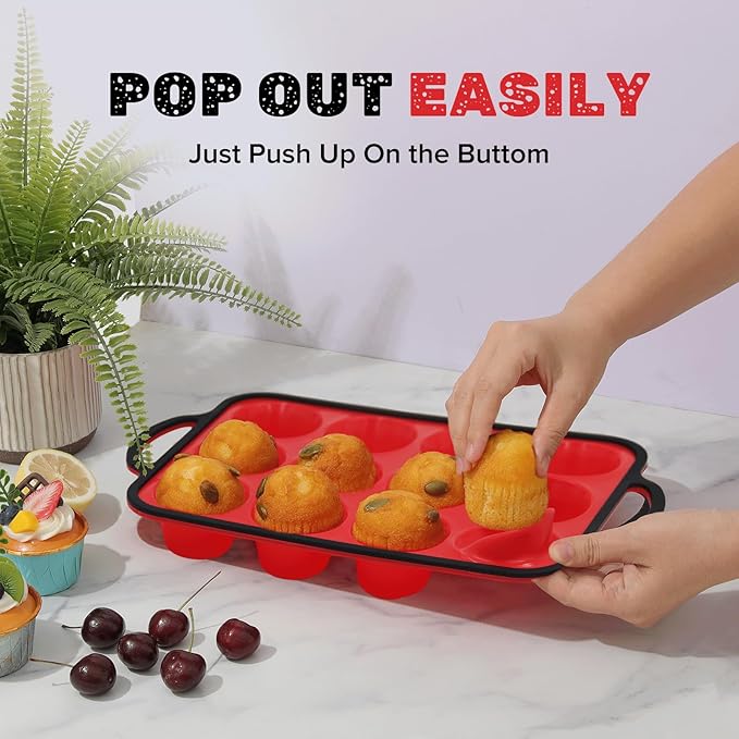 Silicone Muffin Pan, Metal Reinforced Frame Regular Size 2.8 Inch Cupcake Pan with Handle 12 Cups Nonstick Muffin Tray for Baking