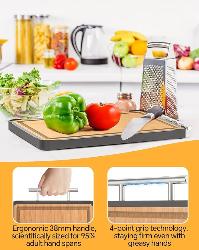 Double-Sided Titanium & Bamboo Cutting Board, Non-Slip Kitchen Board with Handle for Meat, Veggies, Fruit & Everyday Prep, Easy to Clean (16×11)