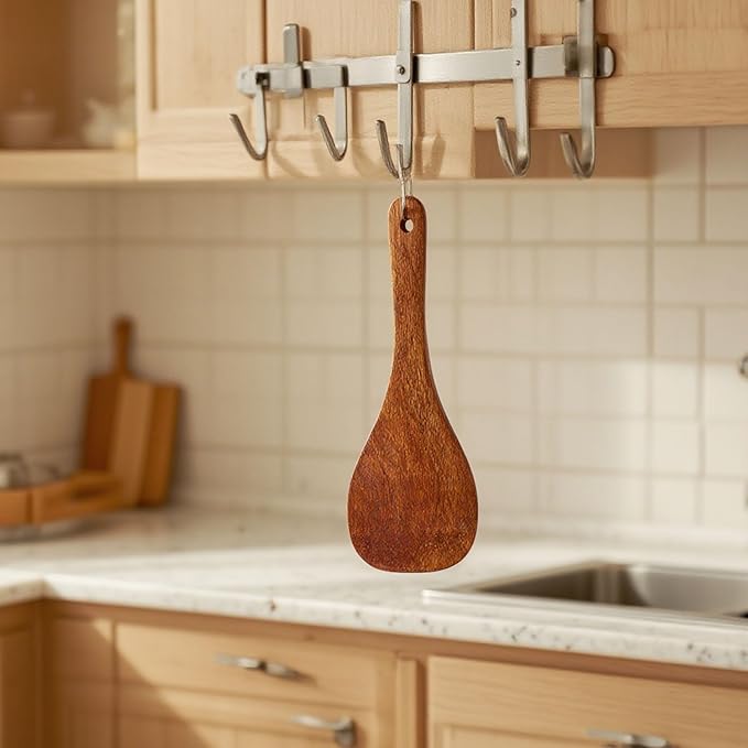 8.86Inch Wooden Spatula Small Flat Turner Long Handle Handmade Kitchen Utensil for Stir Fry Hot Pot Porridge Serving Tool