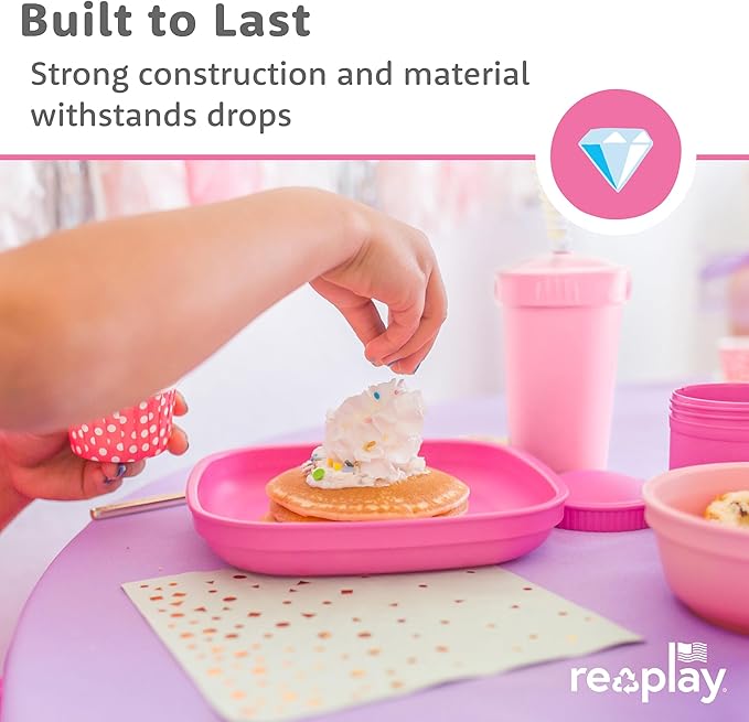 Re-Play Toddler Plates - 22 Oz. Deep-Walled Flat Kids Plates - Dishwasher & Microwave Safe - Made in USA - Set of 3-7.37" x 7.37" x 1.25" - Aqua Asst.