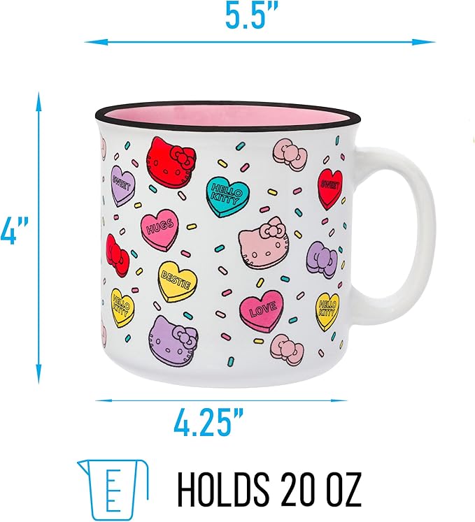 Silver Buffalo Sanrio Hello Kitty Valentine Candy Hearts And Bows Love and Bestie Pattern Ceramic Camper Mug, 20 Ounces