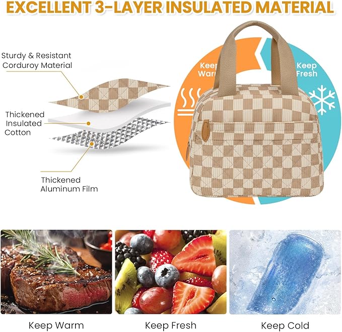 Insulated Lunch Bag for Women, Portable Lightweight Lunch Box for Adults, Reusable Small Lunch Tote Cooler Bags with Front Zipper Pocket for Work School Picnic(Corduroy Khaki Checkered)