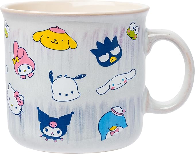 Silver Buffalo Sanrio Hello Kitty and Friends Featuring My Melody, Badtz-Maru, Pochacco, Keroppi, Pompompurin, Cinnamoroll, Kuromi, and Tuxedo Sam Reactive Glaze Ceramic Camper Mug, 20 Ounces