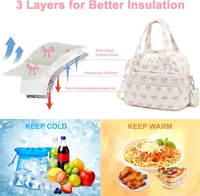 LEDAOU Lunch Box for Women Lunch bag Quilted Puffer Lunch Box with Adjustable Strap Insulated Reusable LunchBox for Work School Picnic Travel (Pink Bow - Beige)