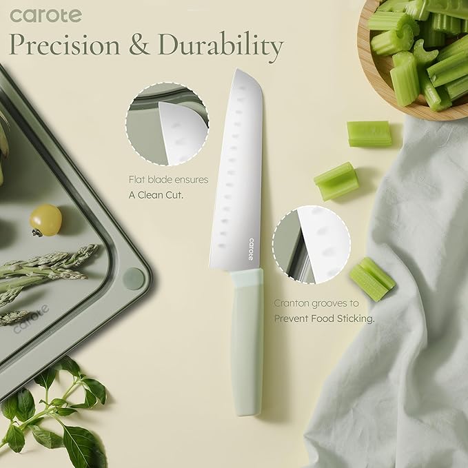 CAROTE 9 Pieces Kitchen Knife Block Set with Sharpener, Dishwasher Safe Knives for Kitchen, Forged Cutlery with Razor-Sharp Stainless Steel Blades, Green
