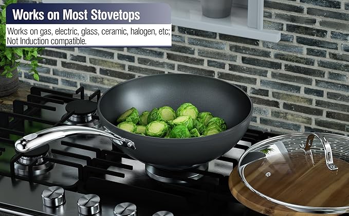 Cooks Standard Nonstick Stir-Fry Wok Pan 11-Inch, Hard Anodized Deep Frying Pan with Glass Lid, Flat Bottom, Black