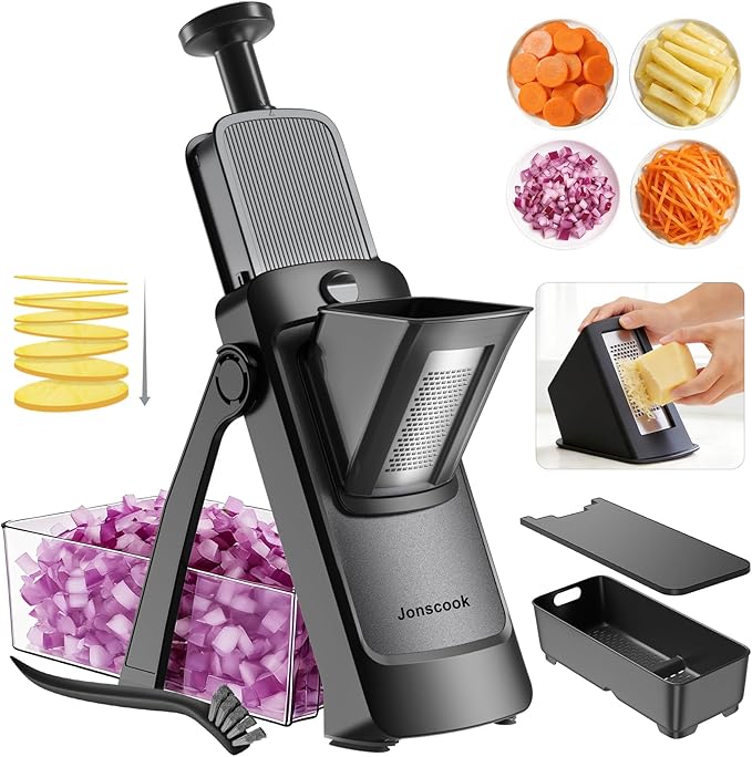 7-in-1 Safe Mandoline Slicer for Kitchen, Vegetable Slicer with Container, Veggie Chopper Cutter, Upgraded Tray & Stainless Steel Grater & Basket & Lid & Cleaning Brush (Black Knight Pro)