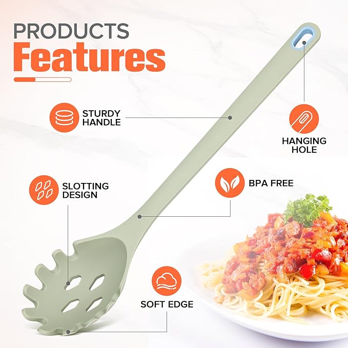 Silicone Spaghetti Spoon&Soup Ladle Cooking Utensils Set of 2,No Scratch for Nonstick Cookware,BPA Free, 450℉Heat Resistant (Green)