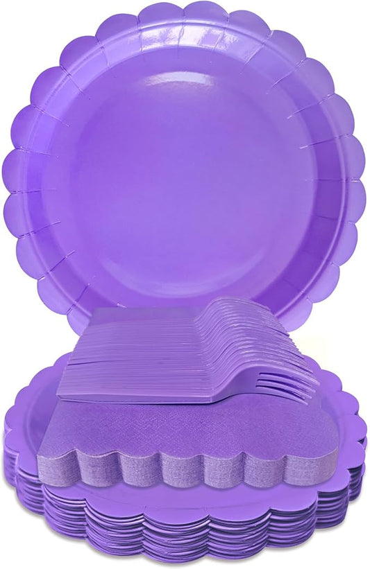 Lavender Paper Plates and Napkins,7 Inch Light Purple Scalloped Disposable Dessert Plates Paper Napkin Fork Party Supplies for Wedding Baby Shower Birthday(25 Guest)