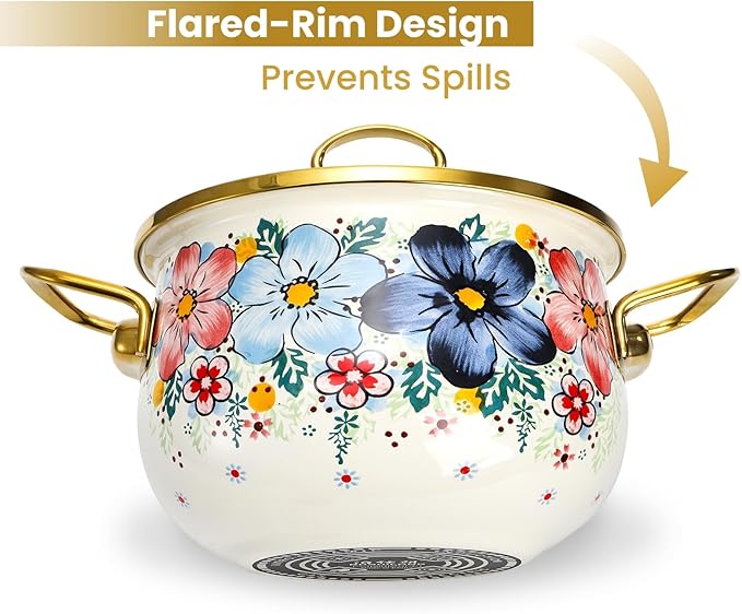 SOUJOY 3 Quart Enamel Cooking Pot with Glass Lid, Non-Stick Soup Pot with Handle, Vintage Floral Bean Stew Simmer Pot for Kitchen, Induction & Gas Stove Safe, Mother's Day, Wedding, Christmas Gift