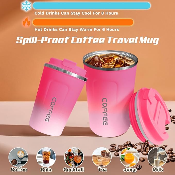 Travel Coffee Mugs Leak-Proof, Reusable Coffee Cups with Lids, Stainless Steel Vacuum Insulated Coffee Tumblers, Thermal Insulation Cups for Men & Women Hot & Cold Drinks(2nd-Red White, 12OZ)