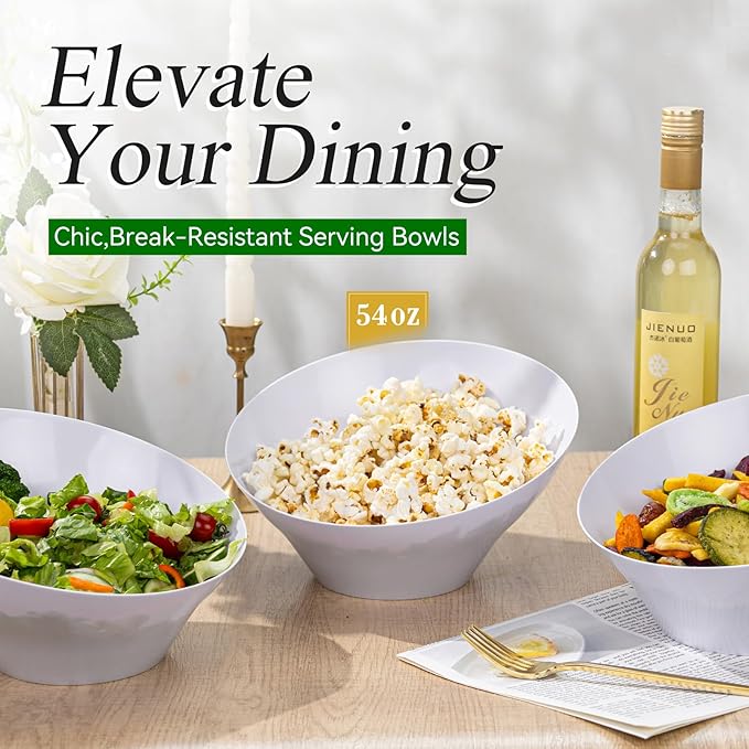 Liacere 16PCS White Plastic Serving Bowls - 54 OZ Angled Table Salad and Fruit Bowls - Disposable for Chip&Candy - Ideal for Party & Wedding & New Year