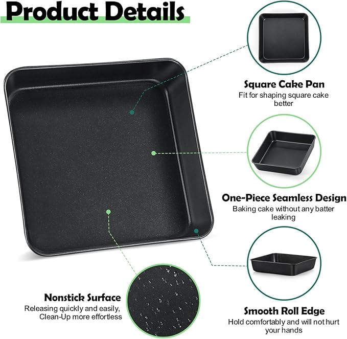 TeamFar Non-Stick Square Cake Pan, 9 Inch Square Baking Roasting Pan for Oven, with Stainless Steel Core for Cooking Cake Brownie Lasagna, Non-Toxic & Heavy-Duty, Release & Clean Easily