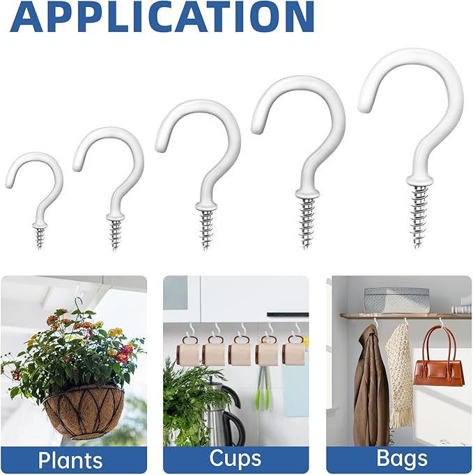 1/2" Small White Vinyl Coated Screw-in Hooks, Ceiling Hooks Wall Hooks Hanging Hooks Kitchen Hooks Indoor Outdoor for Cups Decors Plants Utensils Lights Baskets Wreaths, 100 PCS