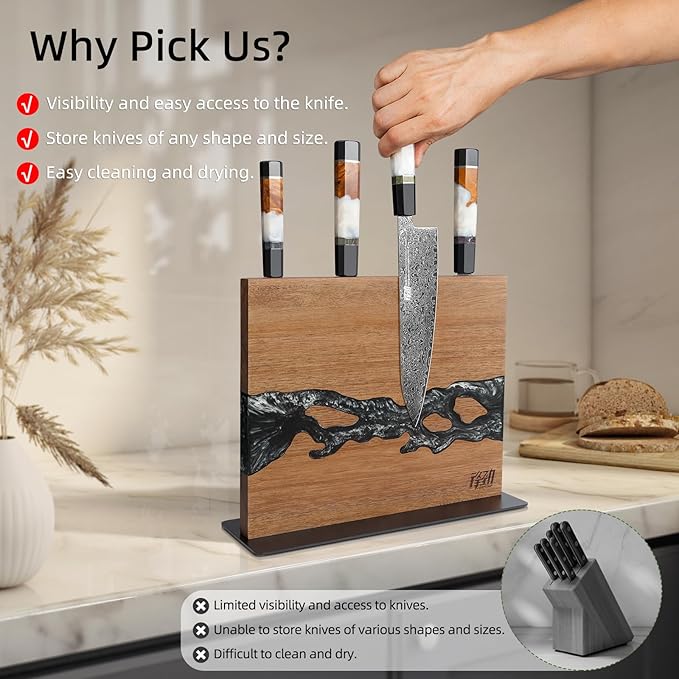 FINDKING Magnetic Knife Block, Double-Sided Knife Holder with Strong Magnets, Acacia Wood and Black White Resin, Countertop Kitchen Knife Storage Stand (12 × 10 Inches, Without Knives)