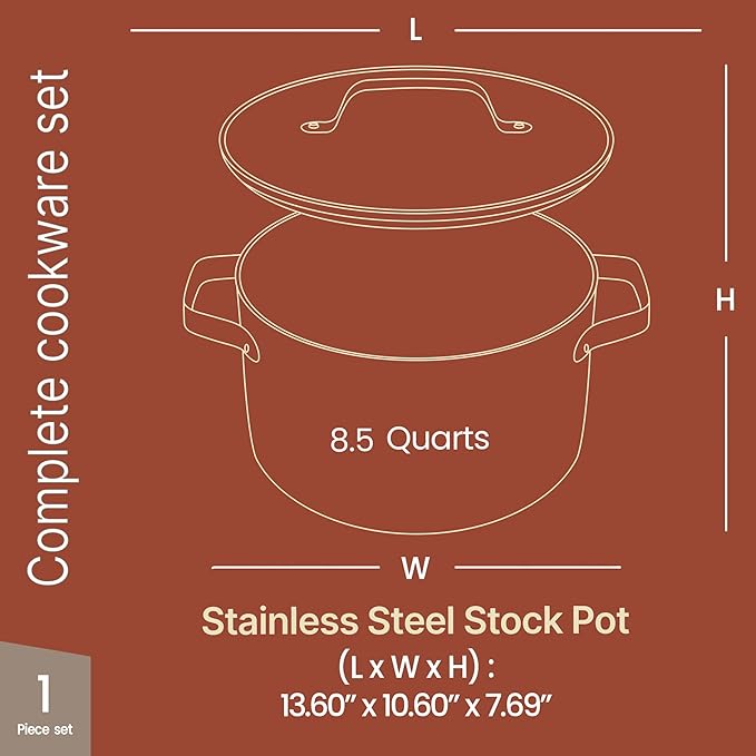 Bakken 8.5 Quart Ceramic Coated Stock Pot with Lid, Easy Clean Nonstick Pot, Tempered Glass Lid, Riveted Stainless Steel Handles, Oven Safe Up To 500°F, PTFE & PFAS Free, All Stove Compatible, Cream