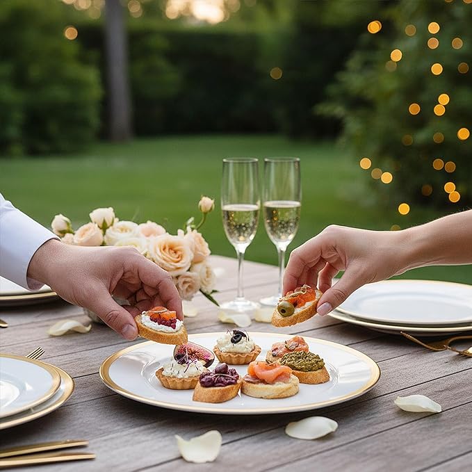 Blue Sky Organic Tray Gold Rim (2 ct) - 14" Round White Plastic Disposable Serveware with Elegant Gold Trim - Perfect for Parties and Events