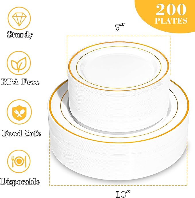 200PCS Gold Plastic Plates, Disposable Party Plates with Gold Rim, Include 100 Dinner Plate and 100 Elegant Dessert Plate for Party and Wedding