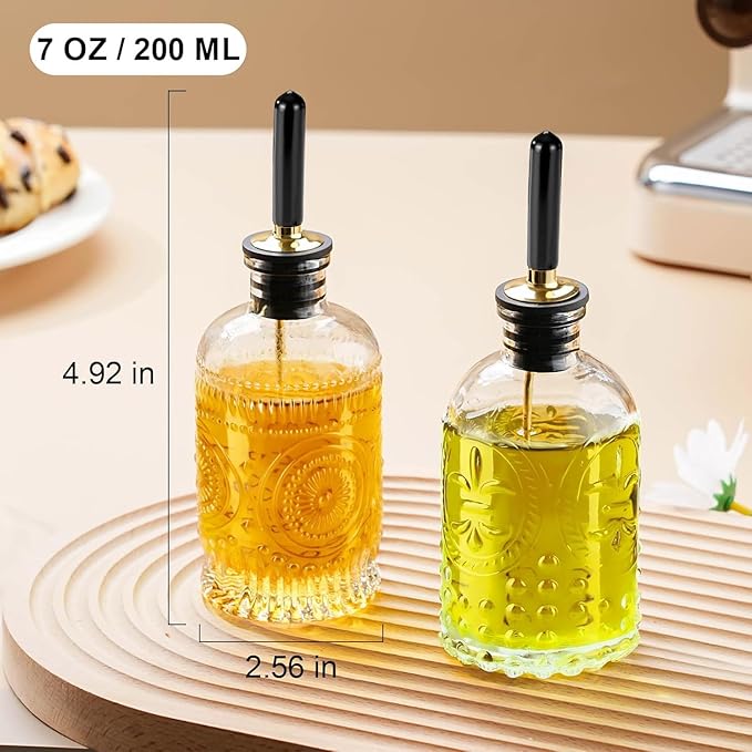 Olive Oil Dispenser Bottle for Kitchen with Metal Spout, Glass Oil Bottles 7OZ, Elegant Glass Cooking Oil Dispenser for Kitchen-2pcs