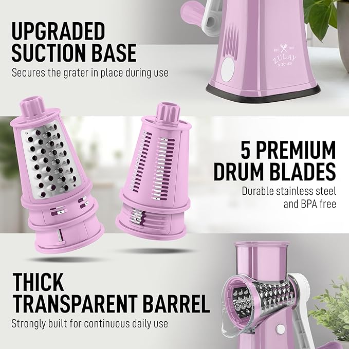 Zulay Kitchen Rotary Cheese Grater 5 Blade Cheese Shredder - Manual Hand Crank Cheese Grater With Reinforced Suction & 5 Interchangeable Drums - Easy to Use, Vegetable Chopper Round Mandoline Slicer