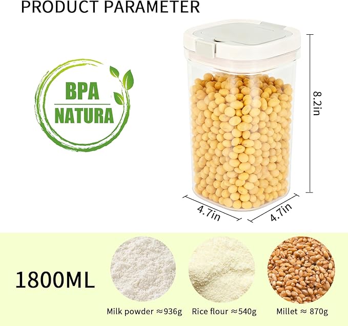Airtight Food Storage Container, 61oz Moisture-Proof Canister with Measuring Spoon for Coffee, Protein Powder, Sugar, Flour, Cereal, Kitchen & Pantry Organization (1800ML)
