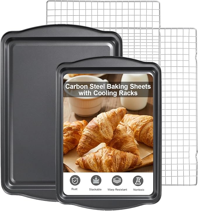 Baking Sheet with Cooling Rack Set,Carbon Steel Cookie Sheets with Rack for Baking Roasting,Nonstick Baking Pans, 17 x 11 x 0.5 Inches (2 Set)