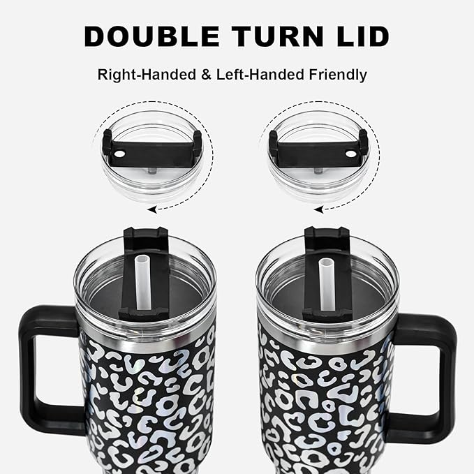 40 oz Tumbler with Handle and Straw, 100% Leak-Proof Travel Mug, Stainless Steel Double Wall Vacuum Insulated Coffee Cup Keeps Cold For 34 Hours, Dishwasher Safe, Black Leopard