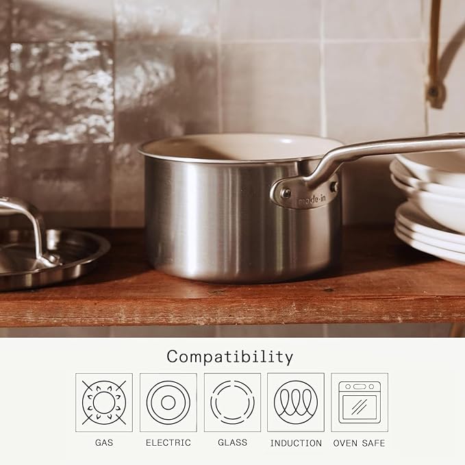 Made In Cookware | 2 QT Ceramic Non Stick Saucepan with Lid | 5-Ply Stainless Clad with Stay-Cool Handle | Professional Cookware | Crafted in Italy | Induction Compatible