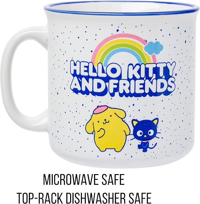 Silver Buffalo Sanrio Hello Kitty Friends Featuring Little Twin Stars, Cinnamoroll, Kuromi, Keroppi, Badtz-Maru, Pochacco, Tuxedo Sam, My Melody, Pompompurin, Chococat Ceramic Camper Mug, 20 Ounces