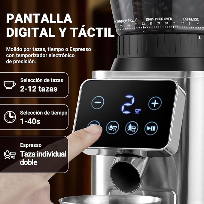 AMZCHEF Coffee Grinder, Coffee Bean Grinder for Home Use with Precise Grinding, LED Control Panel, Detachable Funnel Stand, Anti-static Design, 48 Grind Settings, Silver
