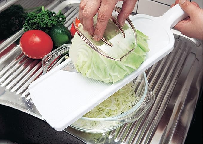 Mandoline Wide Cabbage Slicer 4.7 inches Pink, Julienne Thickness: 0.04 inch (1 mm), with Safety Holder, Made in Tsubame Japan (White)