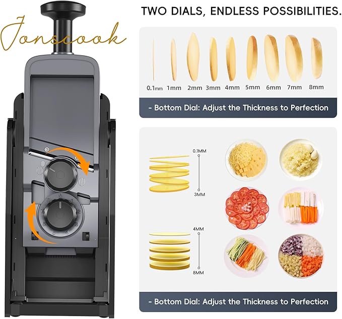 All-in-1 Safe Mandoline Slicer for Kitchen, Vegetable Slicer with Container, Adjustable Veggie Mandoline, French Fry Cutter, Potato/Tomato/Onion Slicer, Grater/Cleaning Brush (Black Knight)