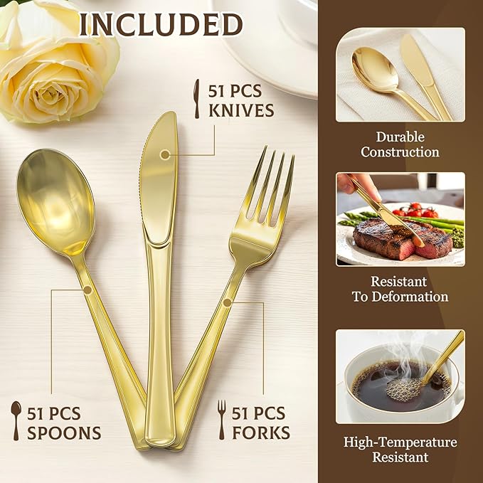 153 Pack Gold Plastic Silverware - Heavy Duty Gold Silverware Set - 51 Forks, 51 Knives, 51 Spoons Plastic Cutlery Disposable Utensils Set for Holiday, Party, Dinner, Wedding Gathering