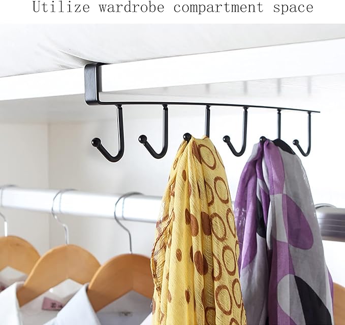 Under Cabinet Coffee Mug Holder - 6 Hooks Cups Storage Rack, Drilling Free, Kitchen Utensil Hanging Hooks Rack 2 Pack (Black 2pcs)