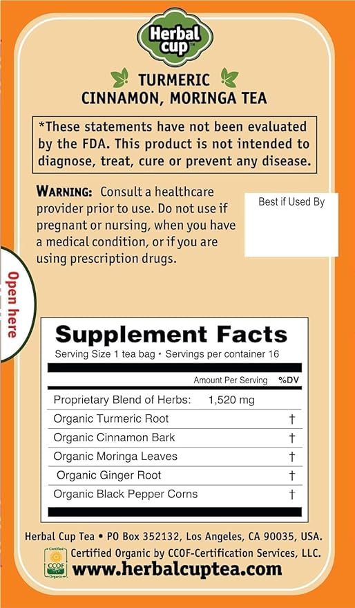 Herbal Cup Ayurveda Turmeric Tea, Organic Cinnamon Moringa, No Caffeine Herbal Supplement (16 Count, Pack of 3)