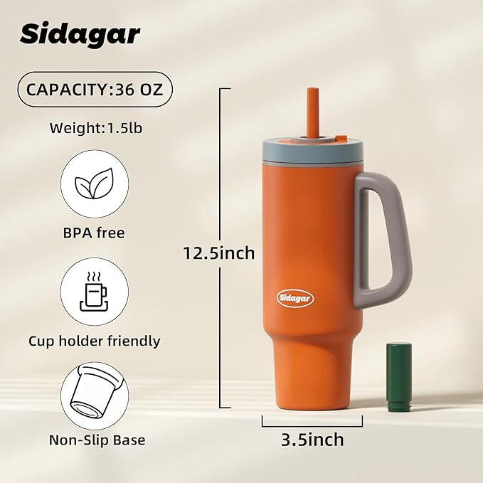Tumbler with Handle,36 oz Ceramic Lined Travel Mug Water Bottle with Straw,Vacuum Insulated Stainless Steel Cup with Lid,Fits Cup Holder, Leak Resistant Press-in Lid,Orange