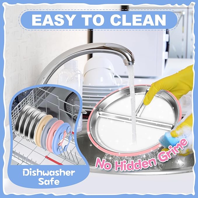 OVV Stainless Steel Kids Plates (3 Pack) 9 Inch Toddler Divided Plates with ﻿Removable Silicone Sleeves & 5 Suction Cups Baby Self Feeding | Mess-Free Mealtime | Dishwasher Safe