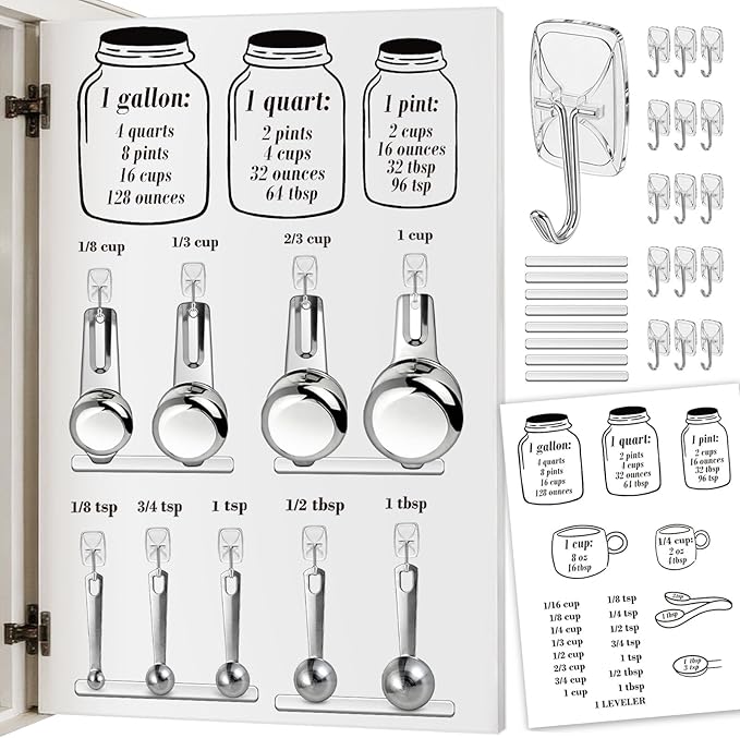 Measuring Cup and Spoon Organizer Set, Kitchen Measurement Conversion Chart with 16 Clear Small Hooks and Anti-Collision Pads for Hanging Measuring Cup and Spoon