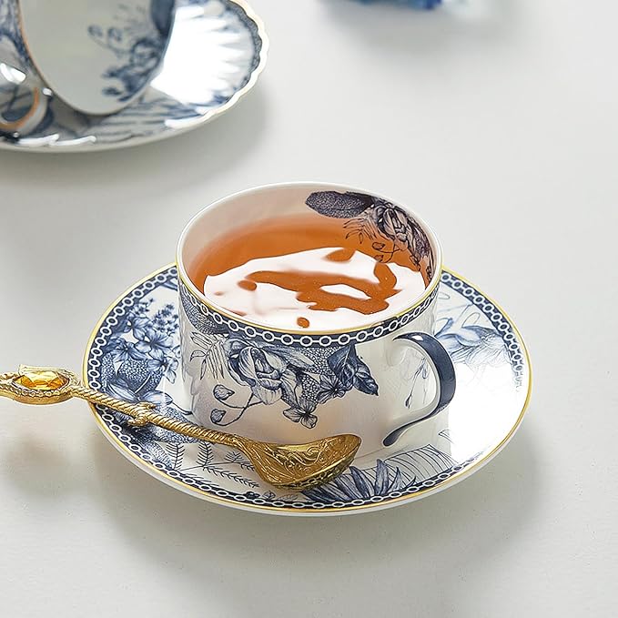 fanquare 6 oz Blue Floral Bone China Tea Cup with Saucer, Hand Print Procelain Cups for Tea Party, British Coffee Cup and Saucer