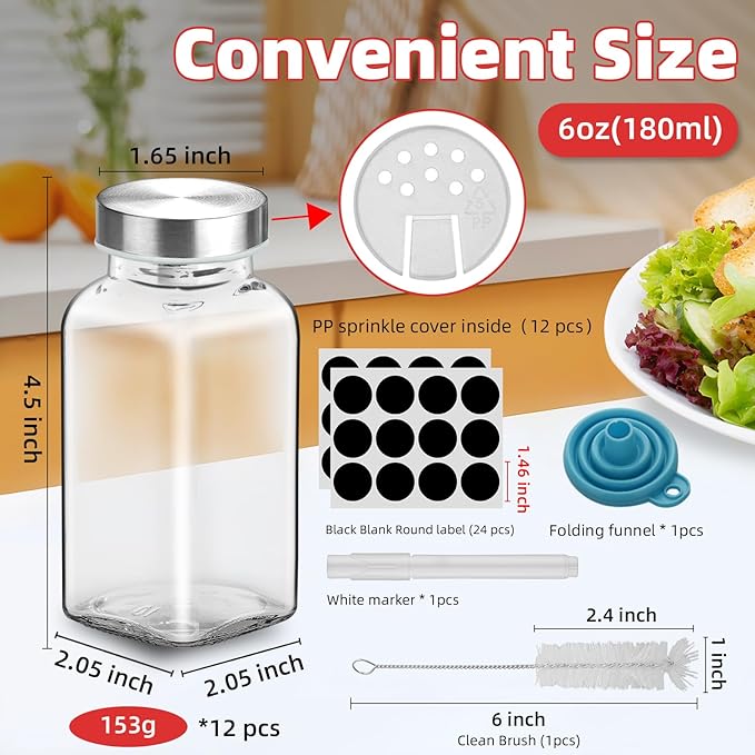 12Pcs 6oz Glass Spice Jars 304 Stainless steel Lids with Shaker Lids, Spice Jars Trial Set & Supplement Set, Empty Spice Containers and Square Spice Bottles for Kitchen (12)